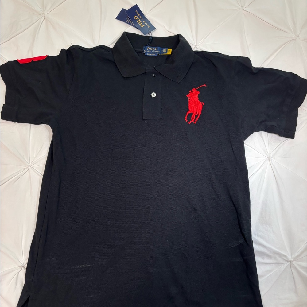 Black Polo Shirt with Red Logo